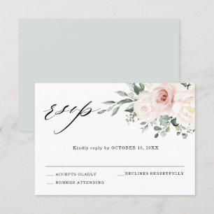 Champagne Ivory Blush Pink Floral Greenery Wedding RSVP Kaartje