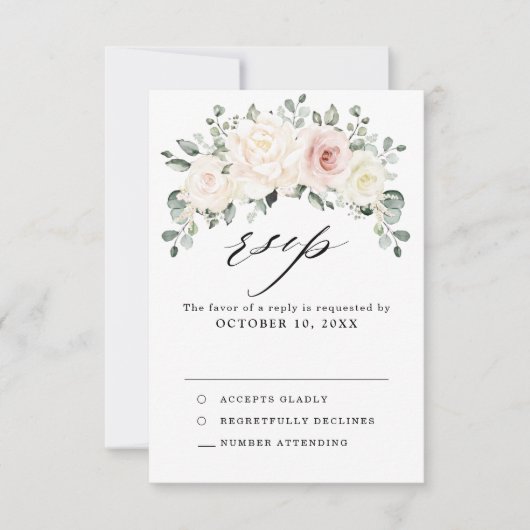 Champagne Ivory Blush Pink Floral Greenery Wedding RSVP Kaartje (Voorkant)