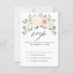 Champagne Ivory Blush Pink Floral Greenery Wedding RSVP Kaartje