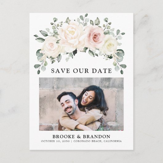 Champagne Ivory Blush Pink Floral Save the Date Briefkaart (Voorkant)