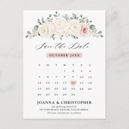 Champagne Ivory Blush Pink Floral Save the Date Briefkaart (Voorkant)