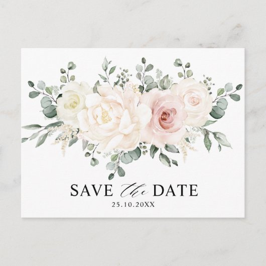 Champagne Ivory Blush Pink Floral Save the Date Briefkaart (Voorkant)