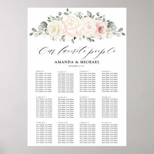 Champagne Ivory Blush Pink  Guest Seating Chart Poster (Voorkant)