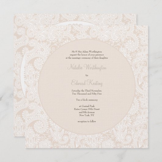 Champagne Ivory Lace Monogram Wedding Invite Kaart (Voorkant / Achterkant)