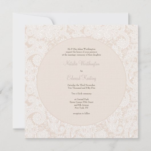 Champagne Ivory Lace Monogram Wedding Invite Kaart (Voorkant)