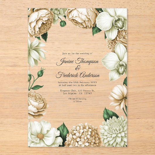 Champagne & Ivory Modern Botanical Wedding Acryl Uitnodigingen (Voorkant)