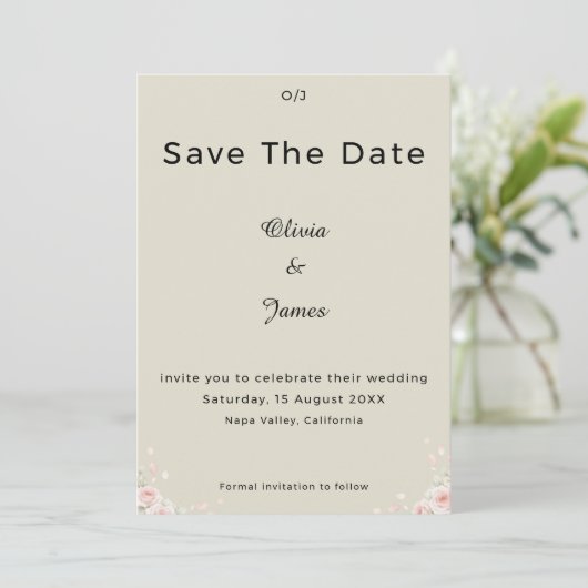 Champagne Ivory Whispered Petals Minimalist Script Save The Date (Staand voorkant)