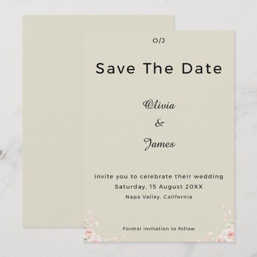Champagne Ivory Whispered Petals Minimalist Script Save The Date (Voorkant / Achterkant)