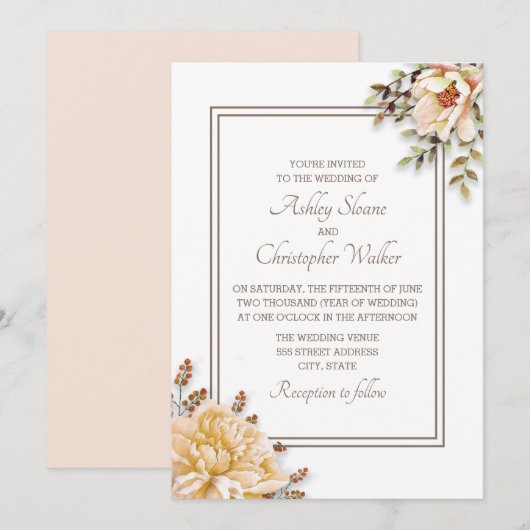 Champagne Ivory White Floral Wedding Invitation Kaart (Voorkant / Achterkant)
