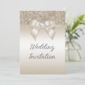 Champagne Jeweled Bow & Glitter Bruiloft Kaart (Staand voorkant)