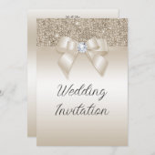Champagne Jeweled Bow & Glitter Bruiloft Kaart (Voorkant / Achterkant)