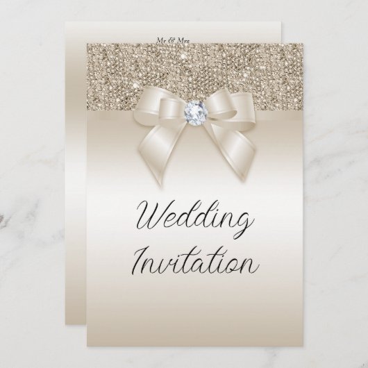 Champagne Jeweled Bow & Glitter Bruiloft Kaart (Voorkant / Achterkant)