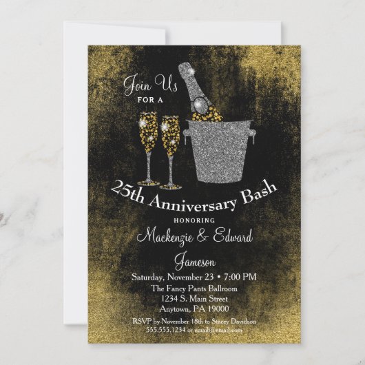Champagne jubileum uitnodiging zwart goud zilver (Voorkant)