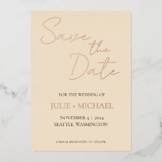 Champagne Kleur Eenvoudige Stijl Trouwen Save the  Folie Uitnodiging (Voorkant)