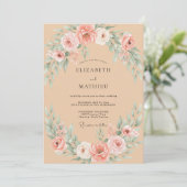 Champagne Koraal Ranunculus Eucalyptus Bruiloft Kaart (Staand voorkant)