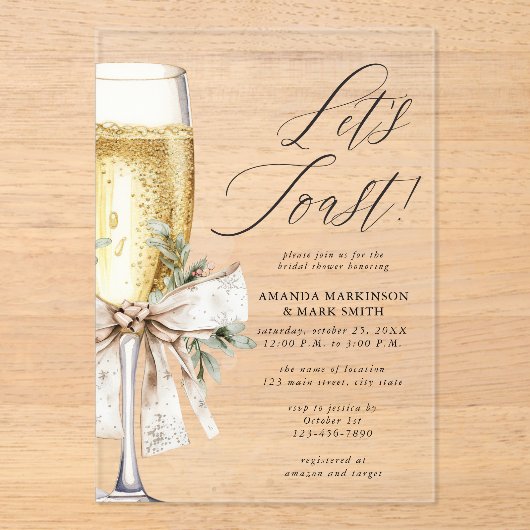 Champagne Let's Toast Winter Bridal Shower Acryl Uitnodigingen (Voorkant)