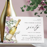 Champagne | Leuke Elegante Vrouwen 60e Verjaardag Kaart<br><div class="desc">60ste verjaardagsuitnodigingen met een waterverf van een champagnefles omringd door paarse bloemen. Grote "zestig" tekst is geschreven in script,  voor een leuke maar elegante stijl. De achterzijde is een coördinerende bleke groene kleur. (Achtergrondkleuren kunnen desgewenst worden gewijzigd met het ontwerpgereedschap).</div>