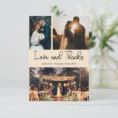 Champagne Love & Thanks Three Photo Wedding Kaart (Staand voorkant)