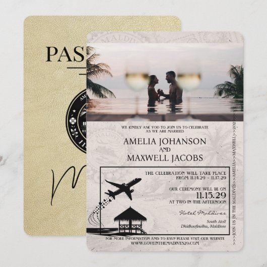 Champagne Malediven Paspoort Huwelijksuitnodiging Kaart (Voorkant / Achterkant)