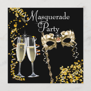 Champagne Mask Black Gold Masquerade Party Kaart
