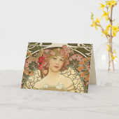 Champagne Meisje Alphonse Mucha Wenskaart Kaart (Gele Bloem)
