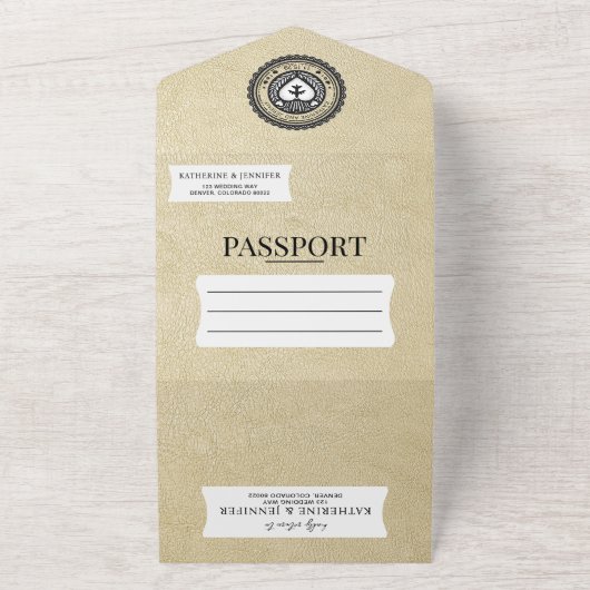Champagne Mexico Passport Wedding All In One Uitnodiging (Buitenkant)