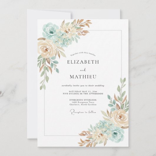 Champagne Mint Ranunculus Eucalyptus Bruiloft Kaart (Voorkant)