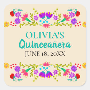 Champagne Mis Quince Anos Mexicaanse Fiesta Bloeme Vierkante Sticker