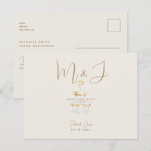Champagne Modern Beige Wedding Save the Date Briefkaart (Voorkant / Achterkant)