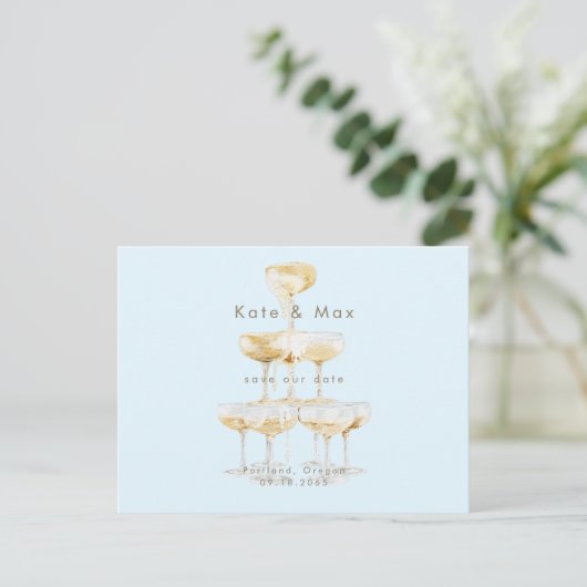 Champagne Modern Ice Blue Bruiloft Save the Date Briefkaart (Staand voorkant)