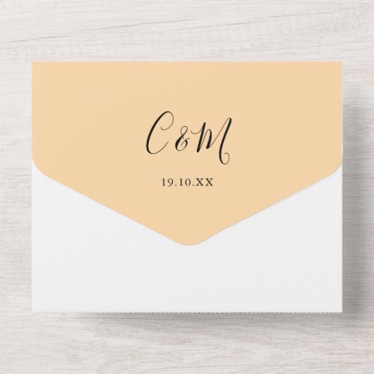 Champagne Moderne Script Minimalistische Trouwkaar All In One Uitnodiging (Achterkant)