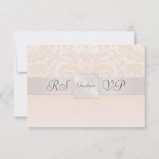 Champagne Monogram Damask RSVP Reply Invitation Kaartje (Voorkant)