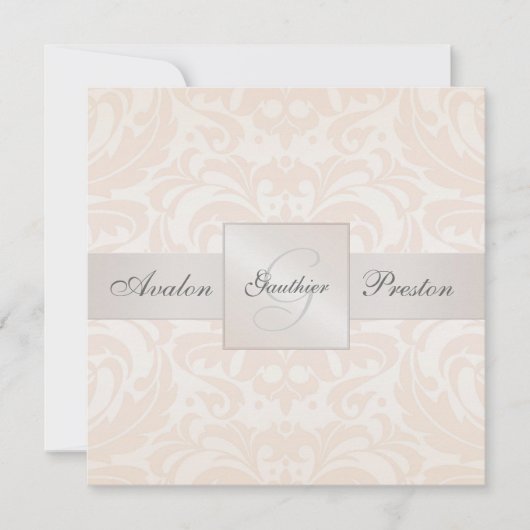 Champagne Monogram Damask Wedding Invitation Kaart (Voorkant)