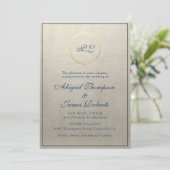 Champagne Navy Elegante Monogram Huwelijk Kaart (Staand voorkant)