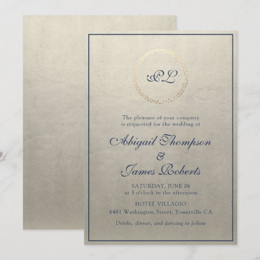 Champagne Navy Elegante Monogram Huwelijk Kaart (Voorkant / Achterkant)