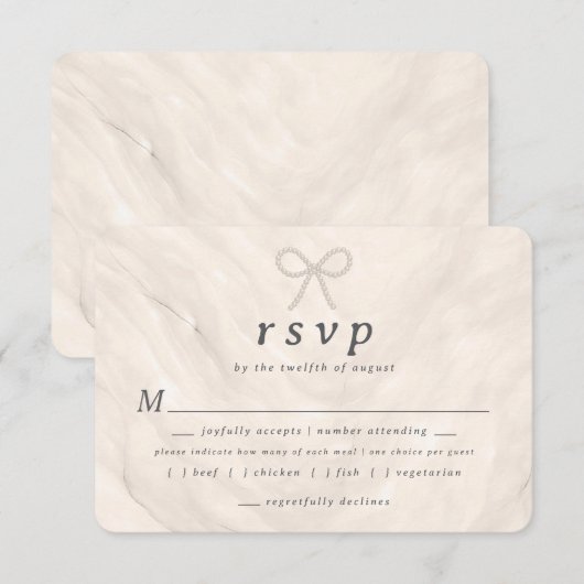 Champagne Neutral Pearl Bow Meal Choice RSVP Card (Voorkant / Achterkant)