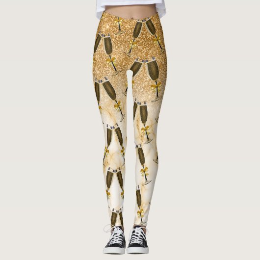 Champagne nieuwjaarsfeestdag goudglitter leggings (Voorkant)
