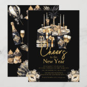 Champagne Oud en Nieuw Viering Zwart Goud Kaart (Voorkant / Achterkant)