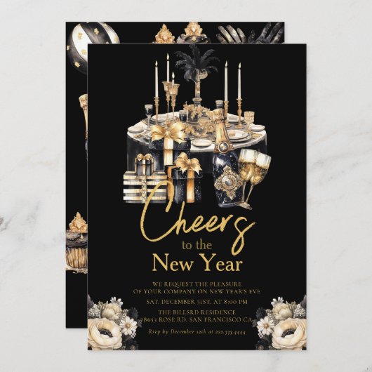 Champagne Oud en Nieuw Viering Zwart Goud Kaart (Voorkant / Achterkant)