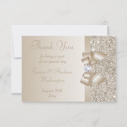 Champagne pailletten, Bow & Diamond Dank u Bedankkaart (Achterkant)