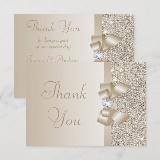 Champagne pailletten, Bow & Diamond Dank u Bedankkaart (Voorkant / Achterkant)