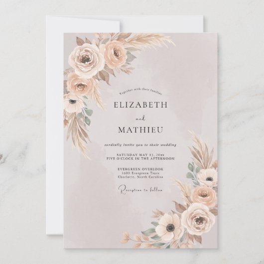 Champagne Pampas Loofwerk Eucalyptus Bruiloft Kaart (Voorkant)