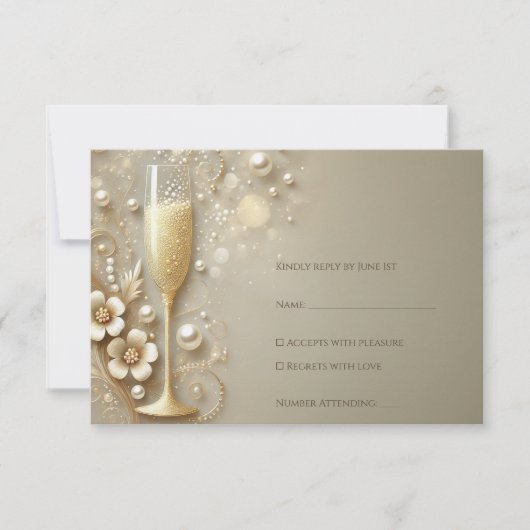 Champagne & Parel Bruiloftsborrel RSVP Kaartje (Voorkant)