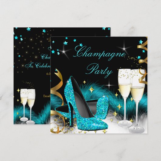 Champagne Party Glitter Blauwgroen Blue High Heels Kaart (Voorkant / Achterkant)
