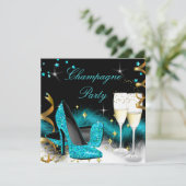 Champagne Party Glitter Blauwgroen Blue High Heels Kaart (Staand voorkant)