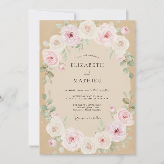 Champagne Pastel Roze Bloemblad Bruiloft Kaart (Voorkant)