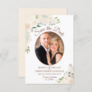 Champagne Peach Boho Floral Oval Photo Weddenschap Save The Date