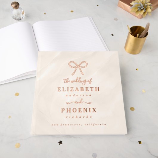 Champagne Pearl Bow Elegant Square Wedding Gastenboek (Voorkant open)