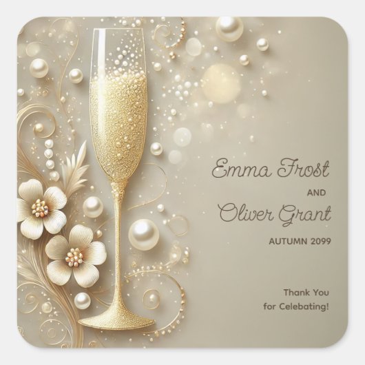 Champagne & Pearl Elegant Wedding Shower Vierkante Sticker (Voorkant)