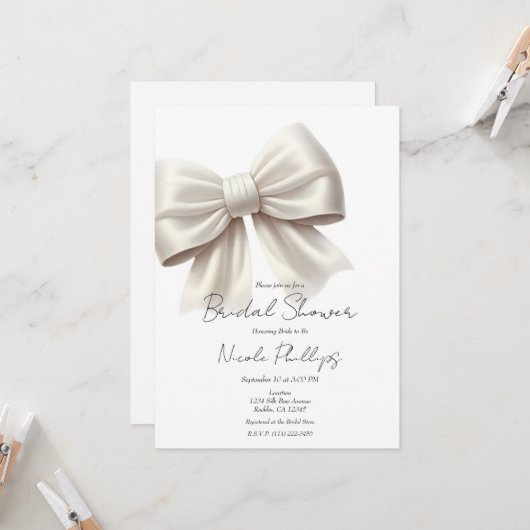 Champagne Pearl Ivory White Bow Vrijgezellenfeest Kaart (Voorkant / Achterkant in situ)